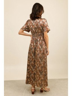 Langes Damenkleid mit V-Ausschnitt und betonter Taille