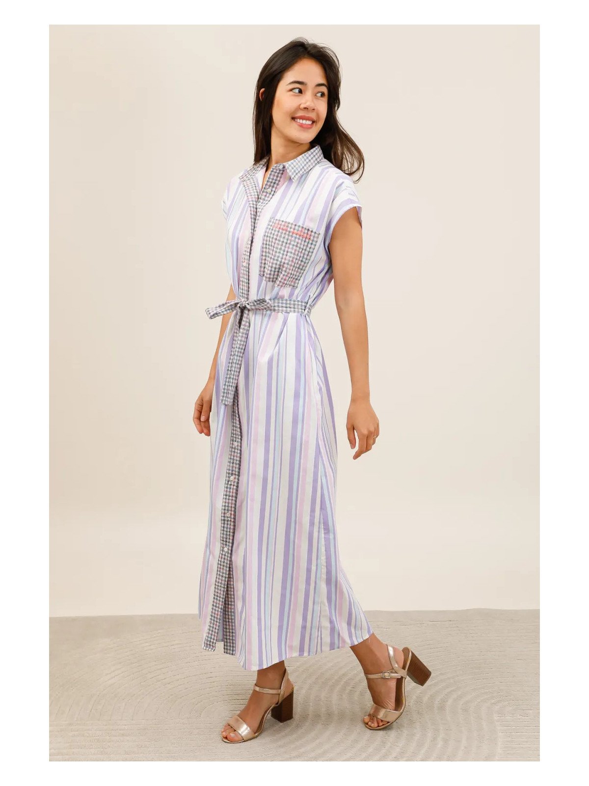 Robe chemise longue fluide ceinturée femme