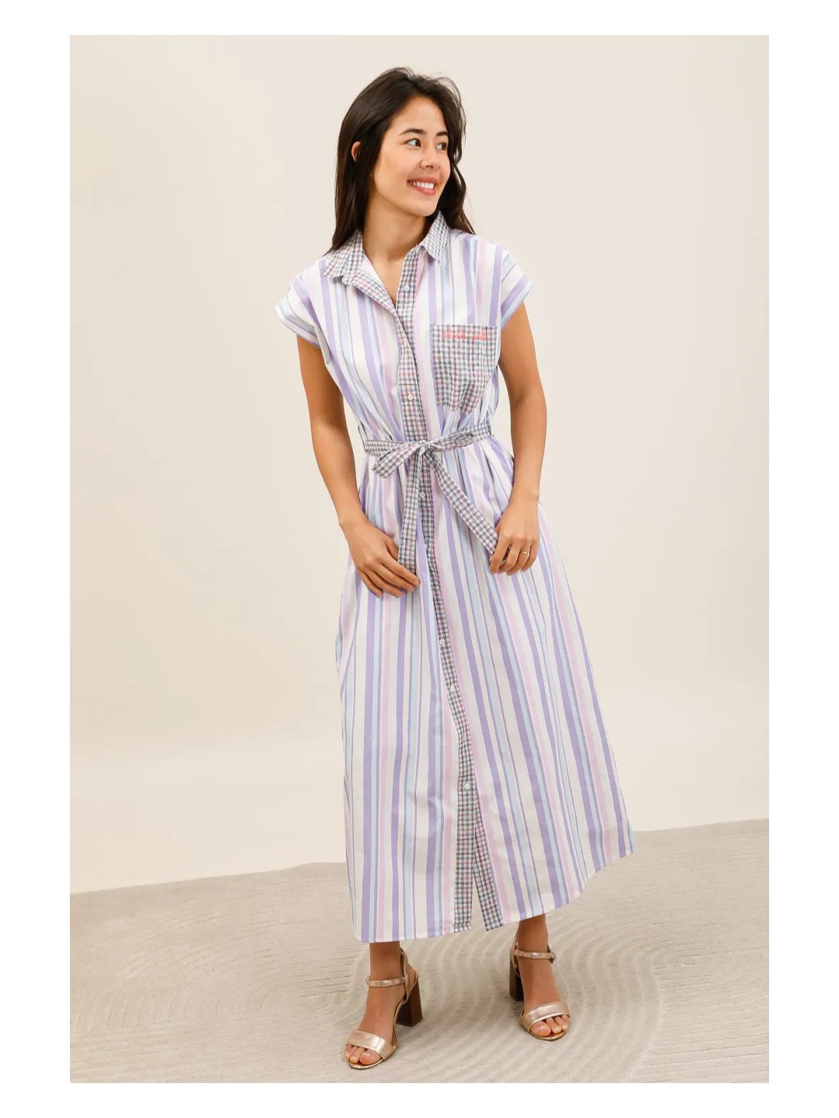 Robe chemise longue fluide ceinturée femme