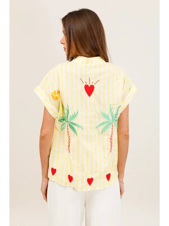 Flowy striped short-sleeved shirt with embroidery