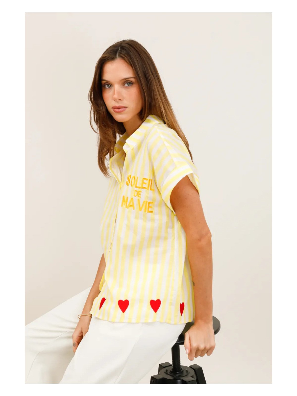 Chemise fluide rayée à manches courtes avec broderies