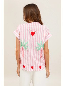 Flowy striped short-sleeved shirt with embroidery