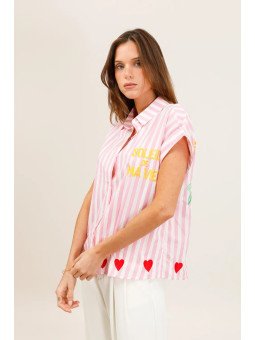 Flowy striped short-sleeved shirt with embroidery