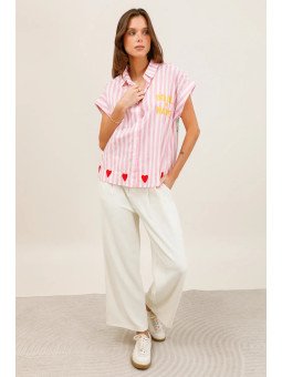 Flowy striped short-sleeved shirt with embroidery
