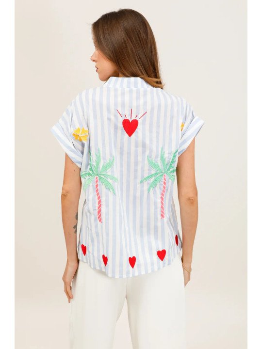 Flowy striped short-sleeved shirt with embroidery