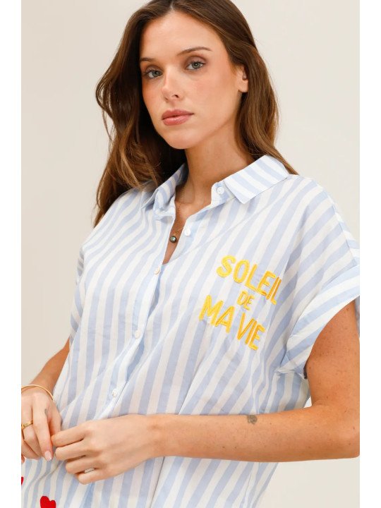 Flowy striped short-sleeved shirt with embroidery