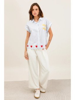 Chemise fluide rayée à manches courtes avec broderies