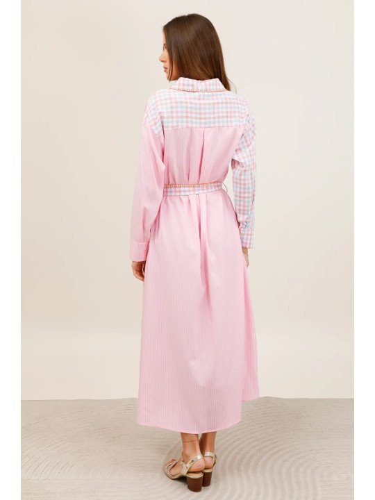 Long belted shirt dress with embroidery