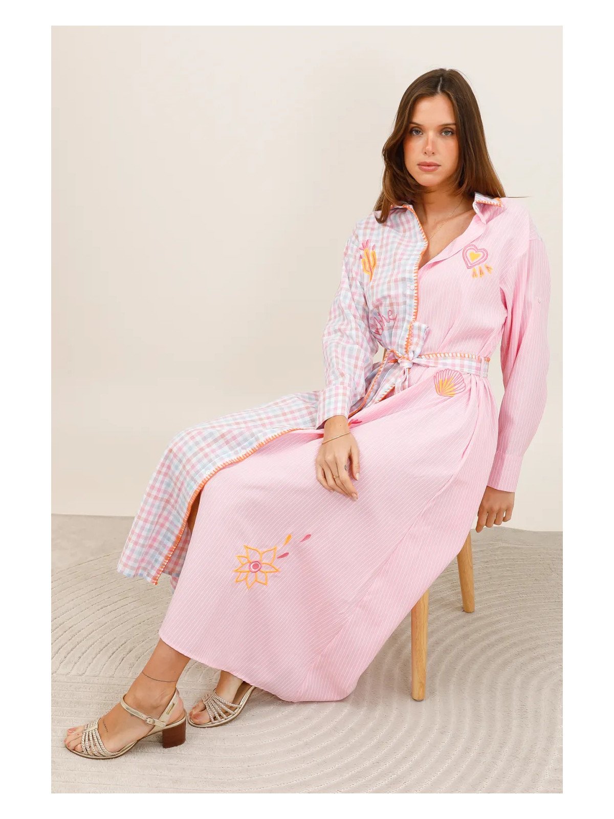 Long belted shirt dress with embroidery