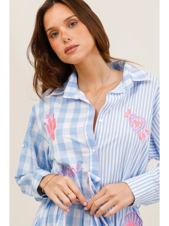 Long belted shirt dress with embroidery