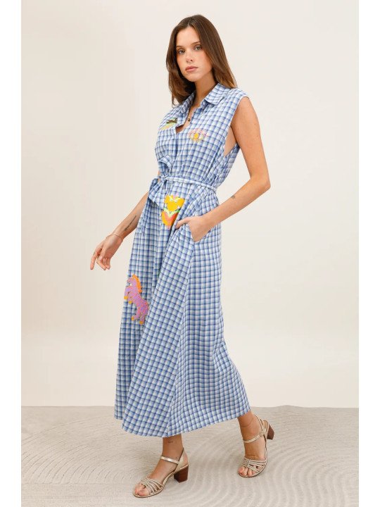 Long sleeveless belted shirt dress