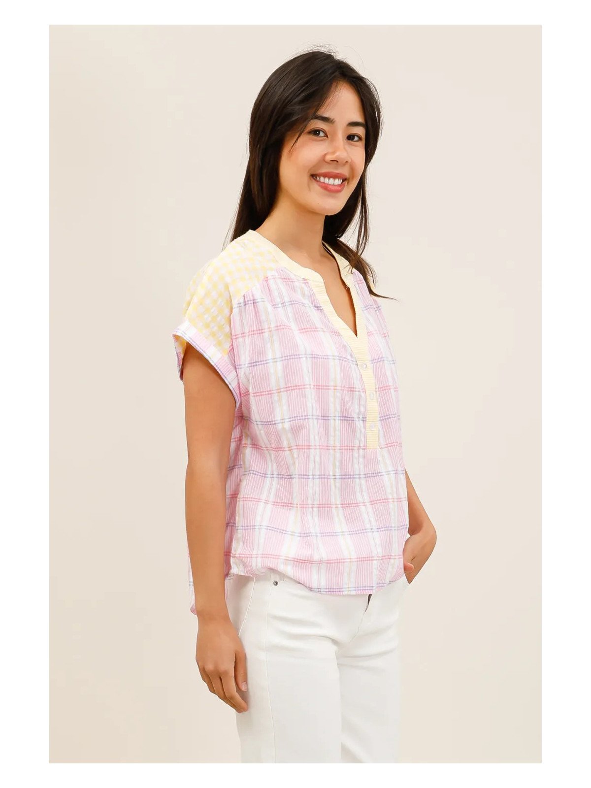Blouse femme fluide manches courtes col tunisien