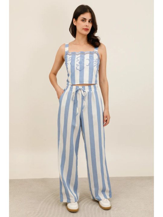 Pantalon large femme taille élastiquée avec cordon