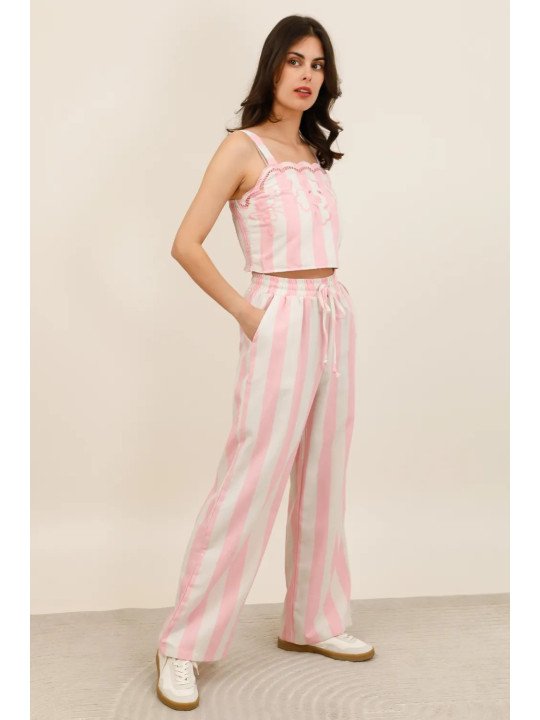 Pantalon large femme taille élastiquée avec cordon