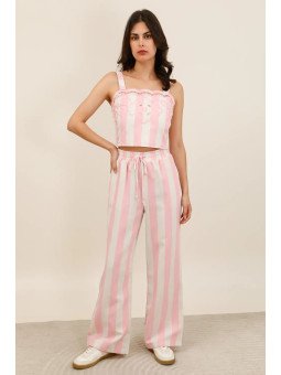 Pantalon large femme taille élastiquée avec cordon