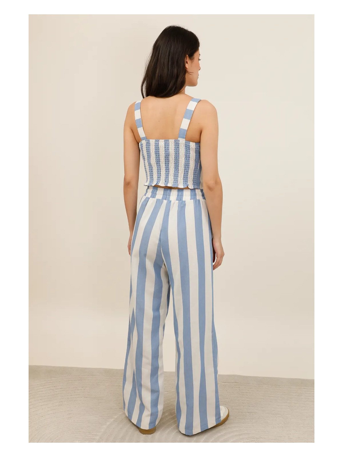 Pantalon large femme taille élastiquée avec cordon