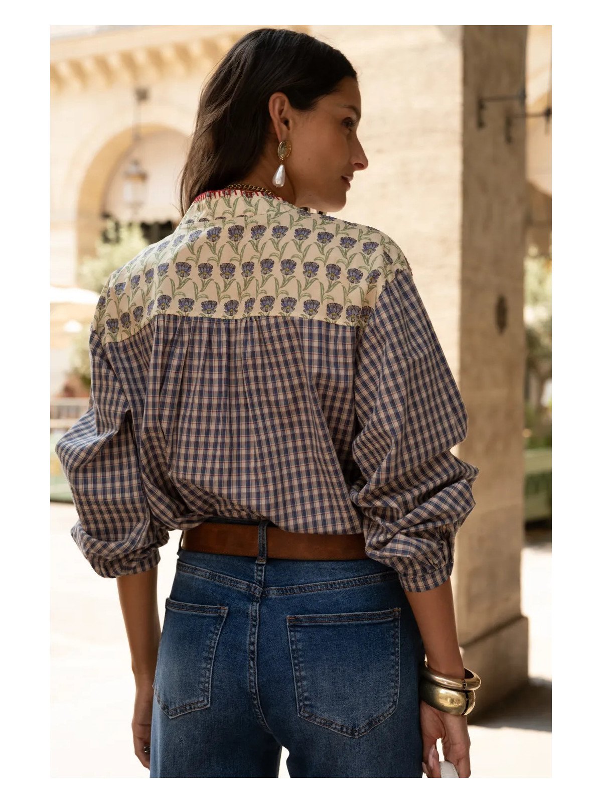 Blouse Femme Ample à Empiècement et Manches Longues