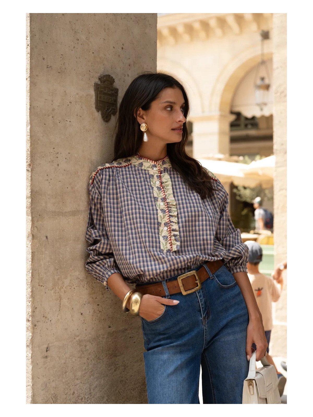 Blouse Femme Ample à Empiècement et Manches Longues