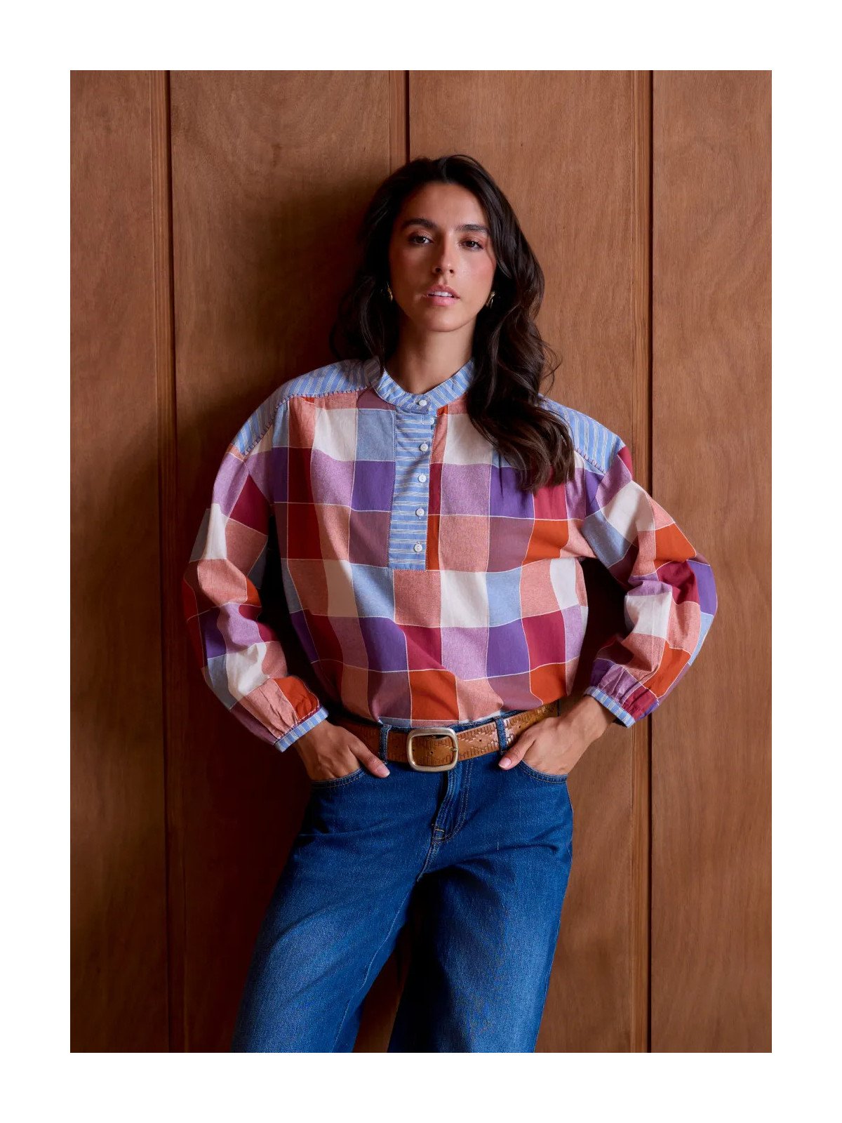 Blouse Femme Ample à Col Officier et Manches Longues