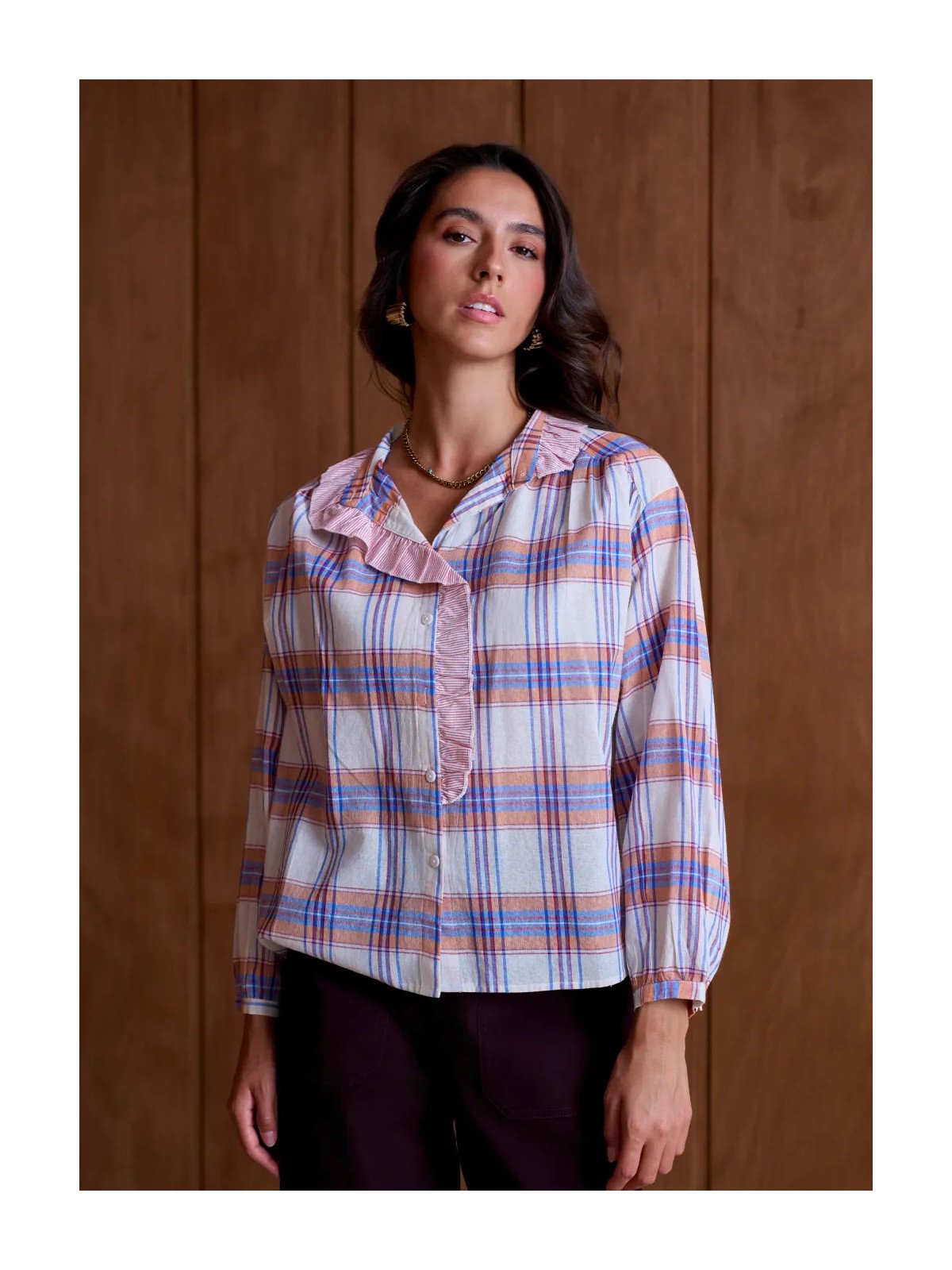 Chemise Femme Ample à Col Volanté et Manches Longues