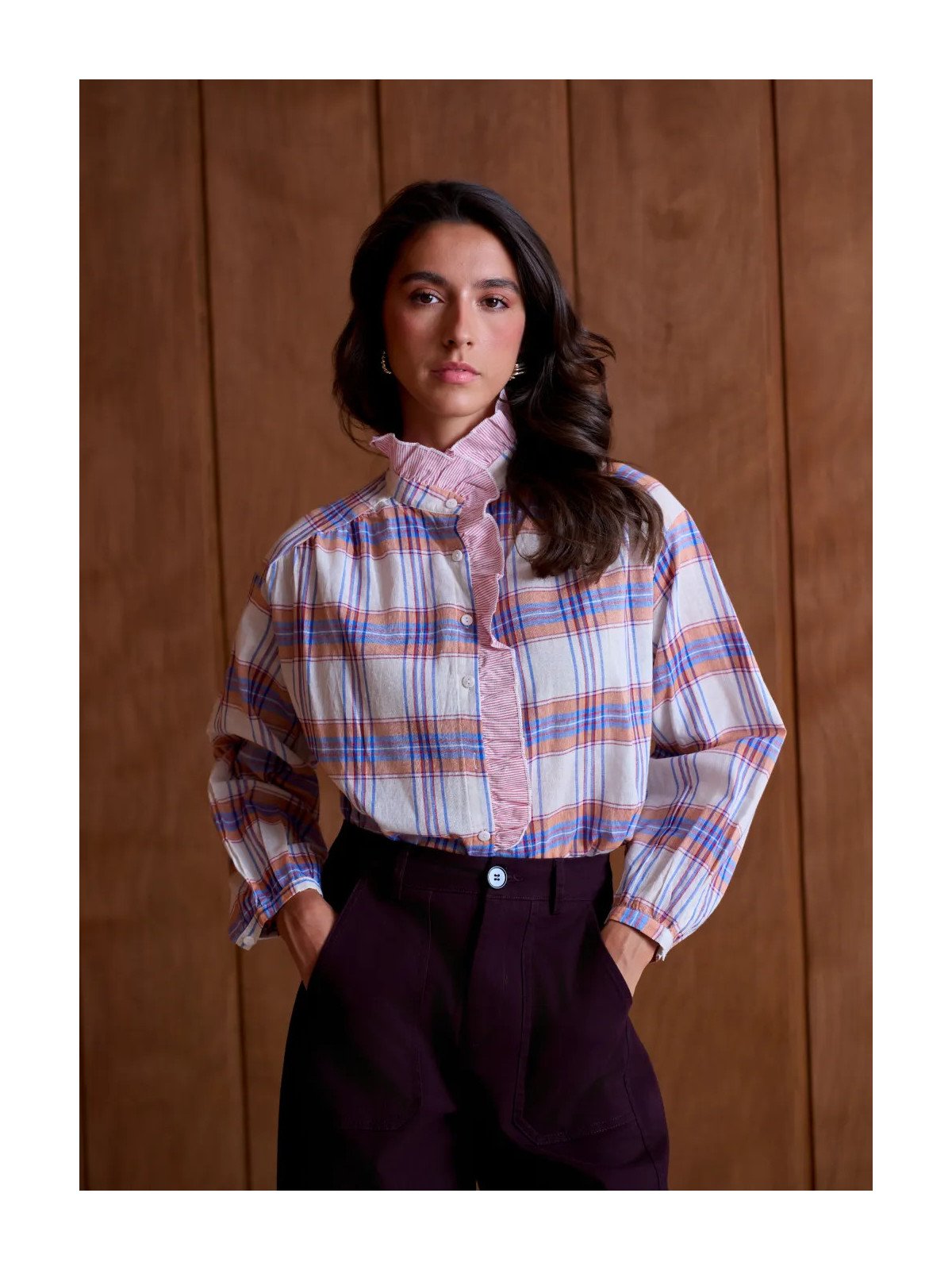 Chemise Femme Ample à Col Volanté et Manches Longues