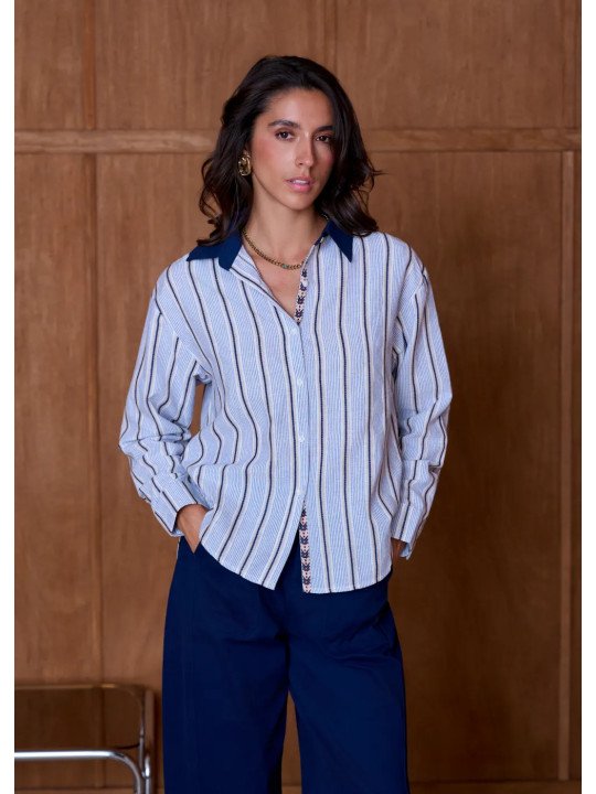 Chemise Femme Ample à Col Contrastant