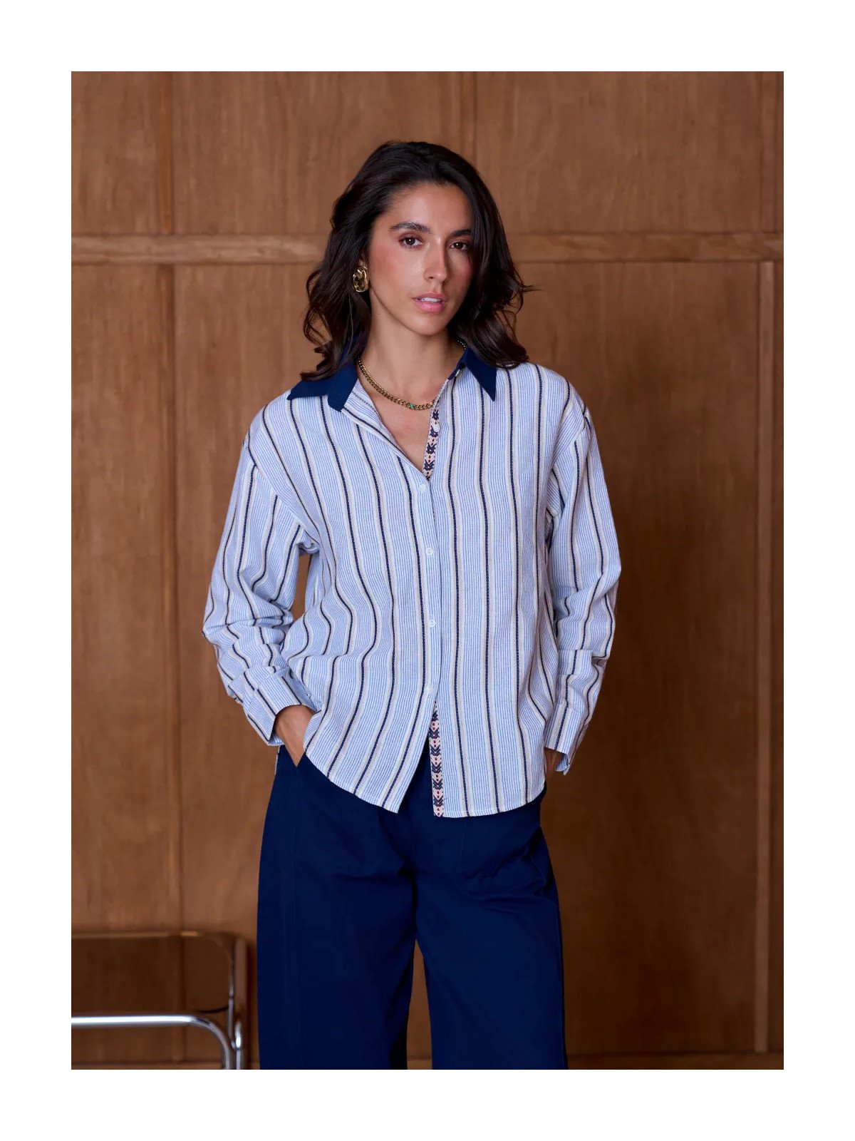 Chemise Femme Ample à Col Contrastant