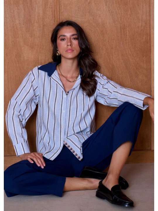 Chemise Femme Ample à Col Contrastant