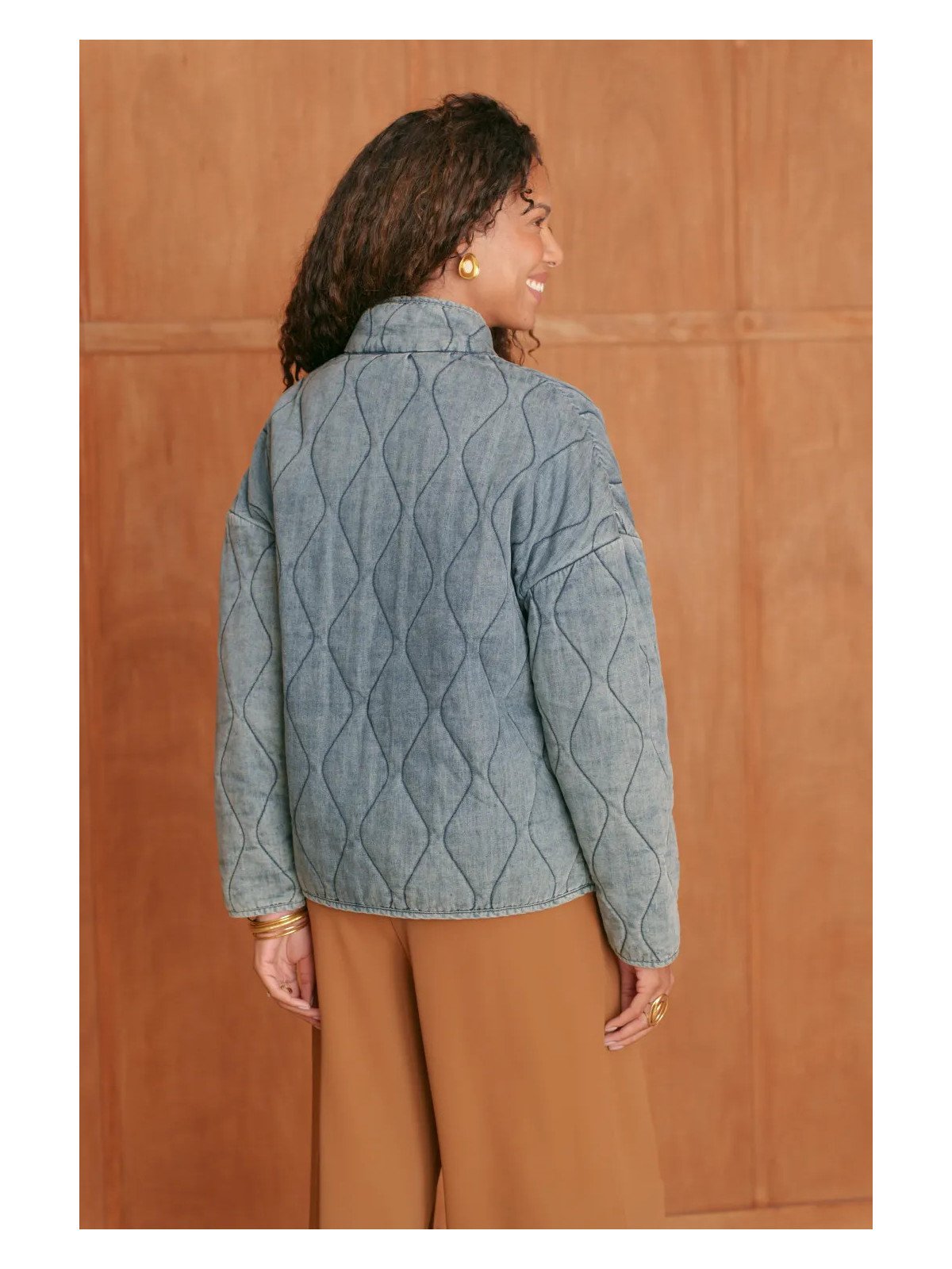 Women's quilted denim jacket with a stand-up collar