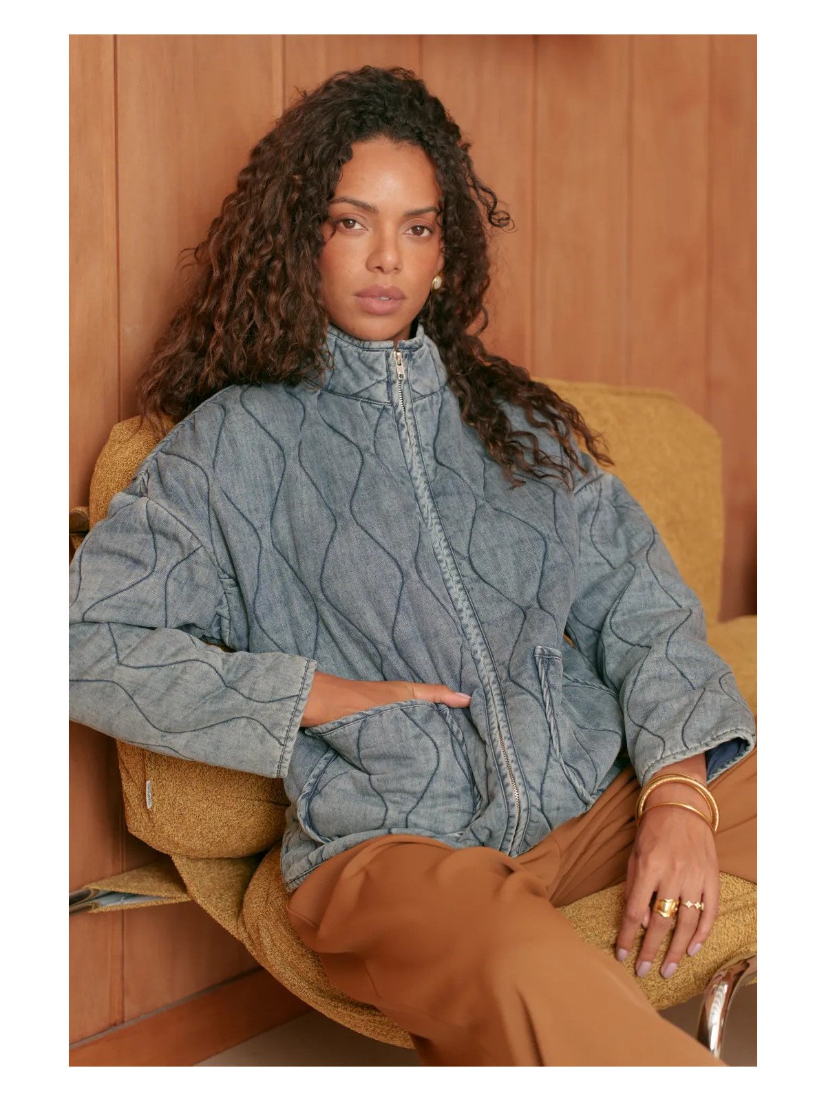 Veste matelassée en denim femme à col montant