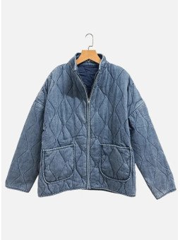 Women's quilted denim jacket with a stand-up collar