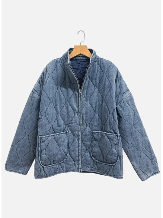 Women's quilted denim jacket with a stand-up collar