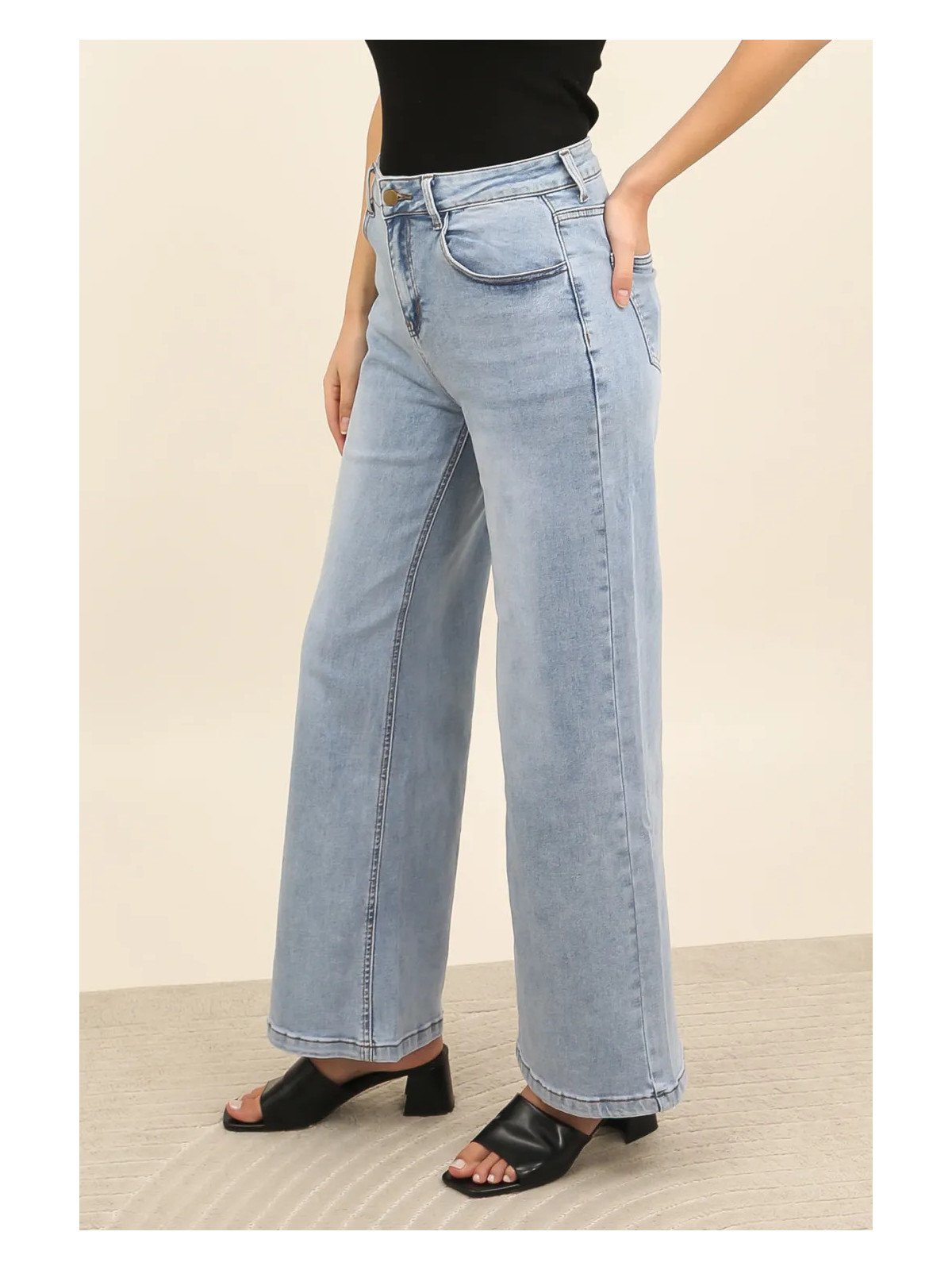 Damen-Jeans mit hohem Bund und weitem Bein aus Stretch-Baumwolle