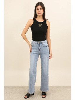 Jean femme taille haute large en coton stretch