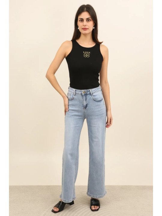 Damen-Jeans mit hohem Bund und weitem Bein aus Stretch-Baumwolle