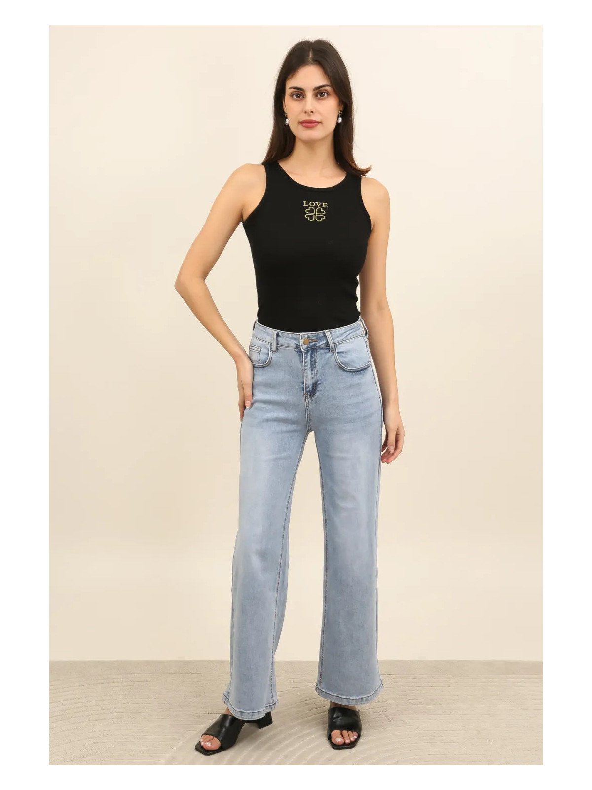 Jean femme taille haute large en coton stretch