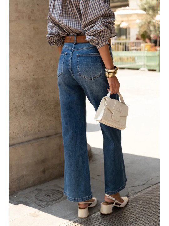 Damen-Jeans mit hohem Bund und weitem Bein aus Stretch-Baumwolle