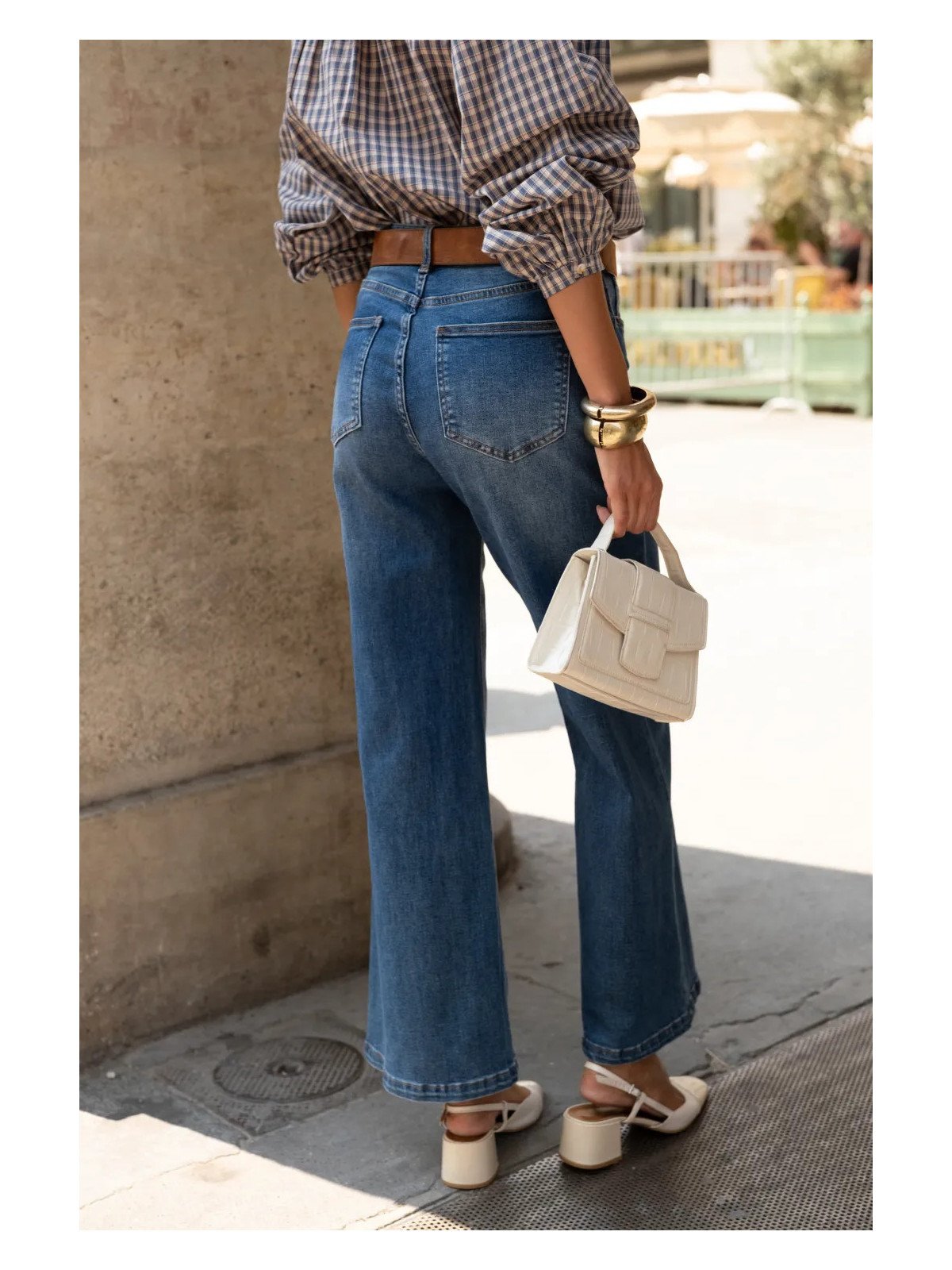 Damen-Jeans mit hohem Bund und weitem Bein aus Stretch-Baumwolle