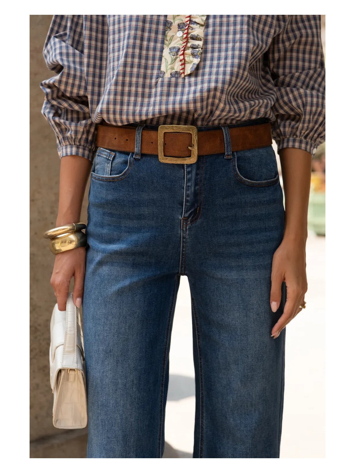 Jean femme taille haute large en coton stretch