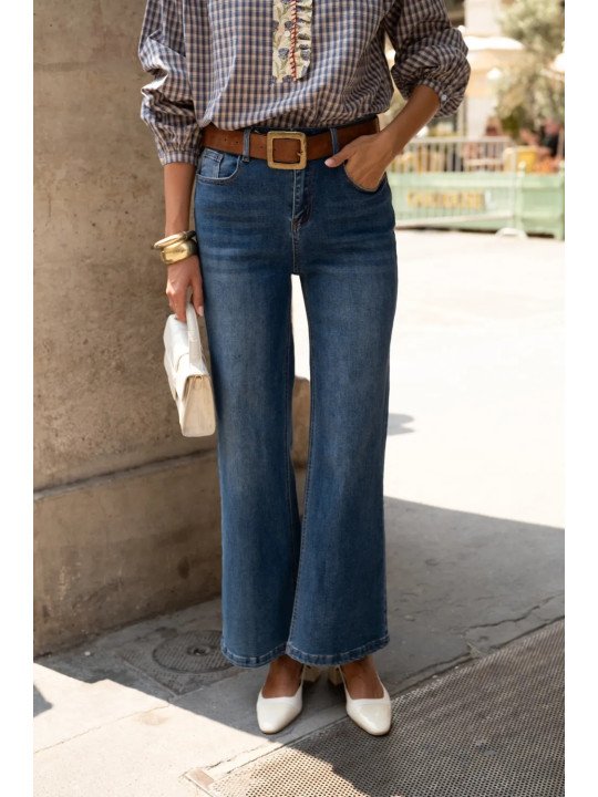 Jean femme taille haute large en coton stretch