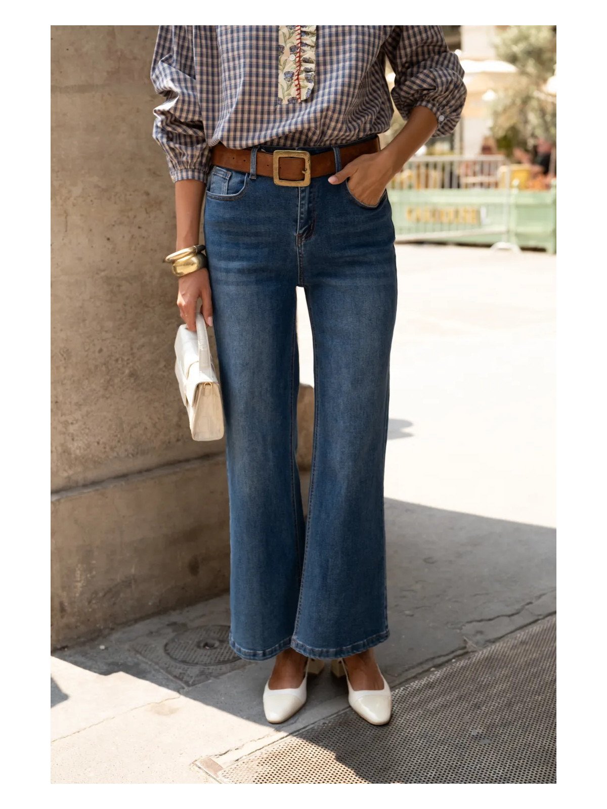 Jean femme taille haute large en coton stretch