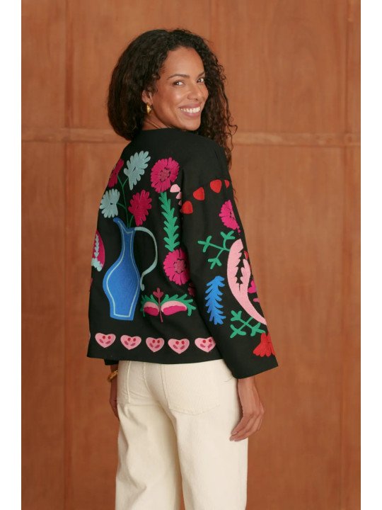 Bestickte Damenjacke mit Knopfleiste, 100 % Baumwolle