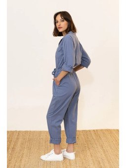 Damen-Jumpsuit aus 100 % Baumwolle mit Reißverschluss und Gürtel