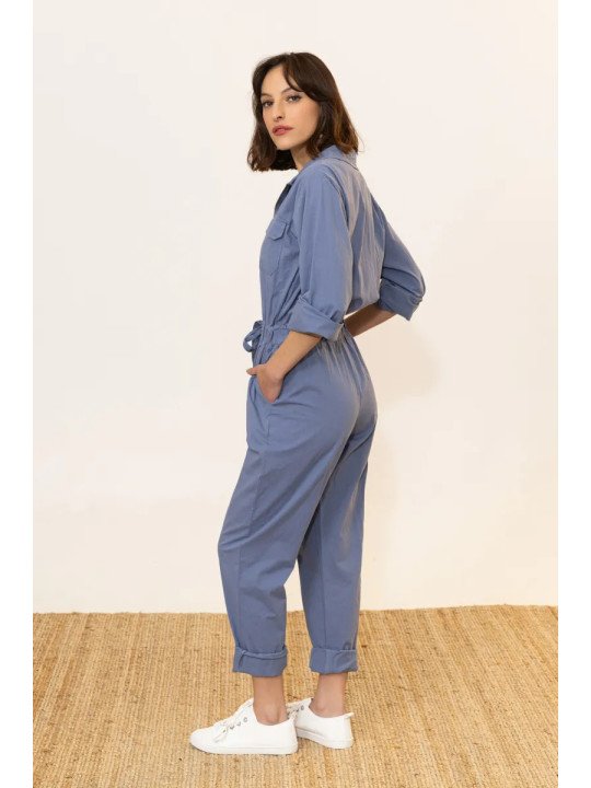 Damen-Jumpsuit aus 100 % Baumwolle mit Reißverschluss und Gürtel