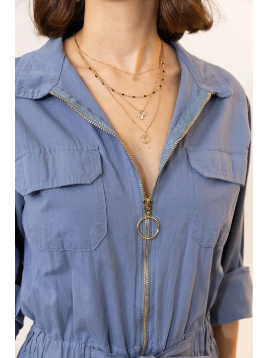 Damen-Jumpsuit aus 100 % Baumwolle mit Reißverschluss und Gürtel