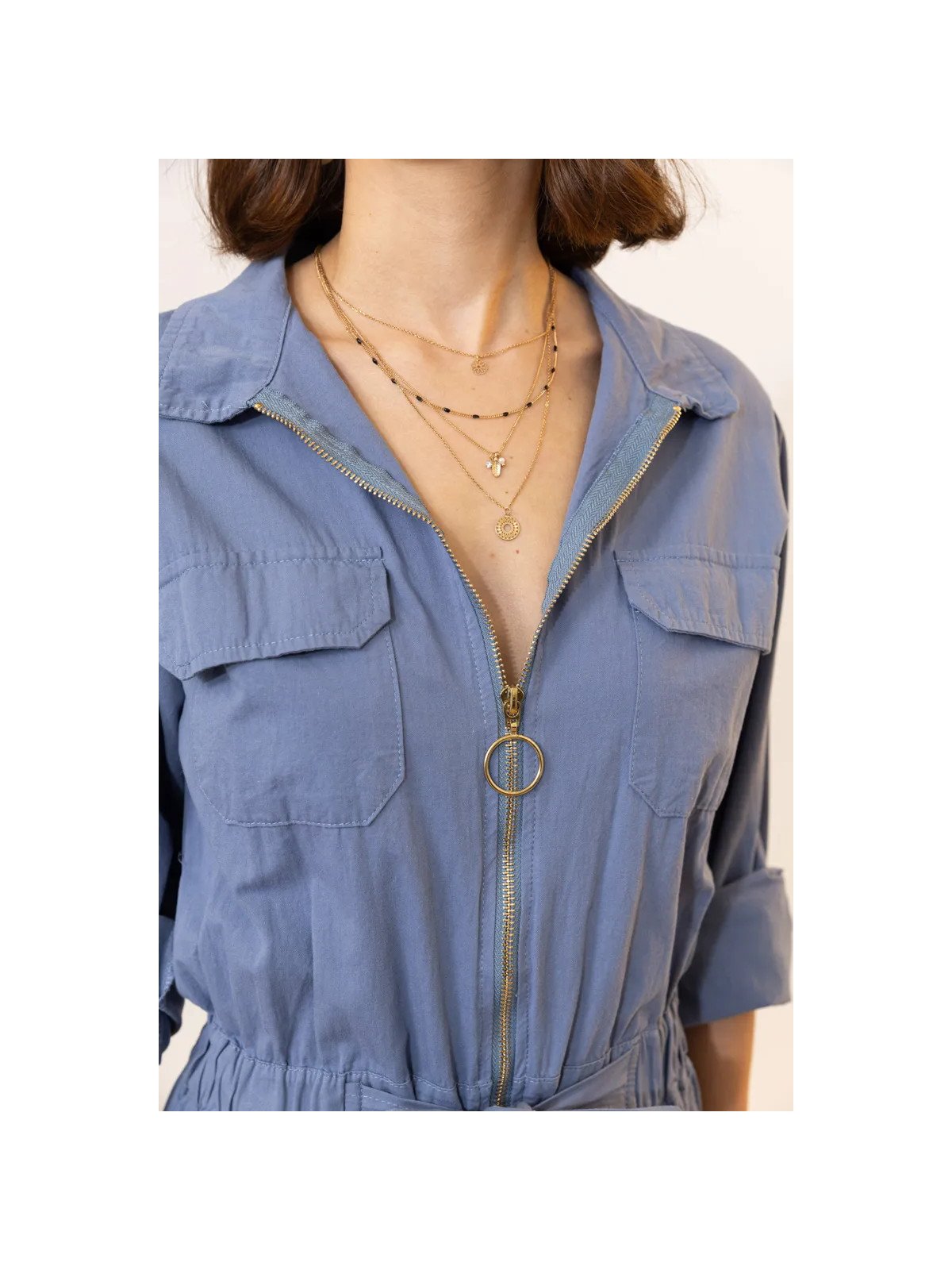 Damen-Jumpsuit aus 100 % Baumwolle mit Reißverschluss und Gürtel