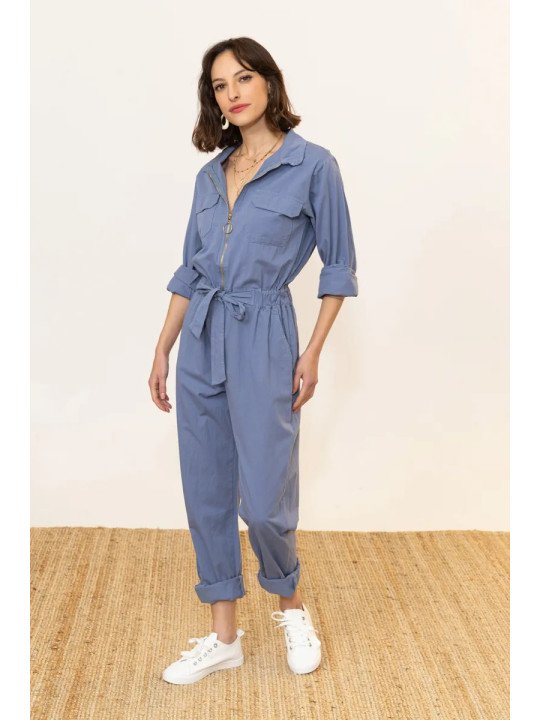 Damen-Jumpsuit aus 100 % Baumwolle mit Reißverschluss und Gürtel