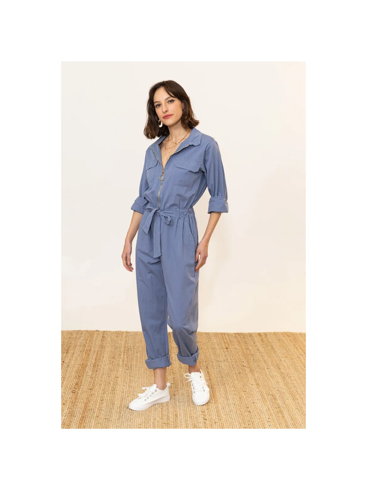 Damen-Jumpsuit aus 100 % Baumwolle mit Reißverschluss und Gürtel