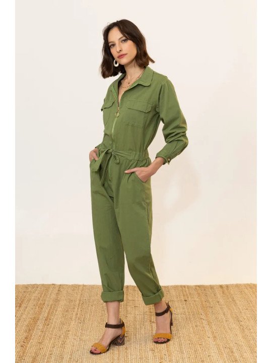 Women's 100% Cotton Zip-Up and Belted Jumpsuit