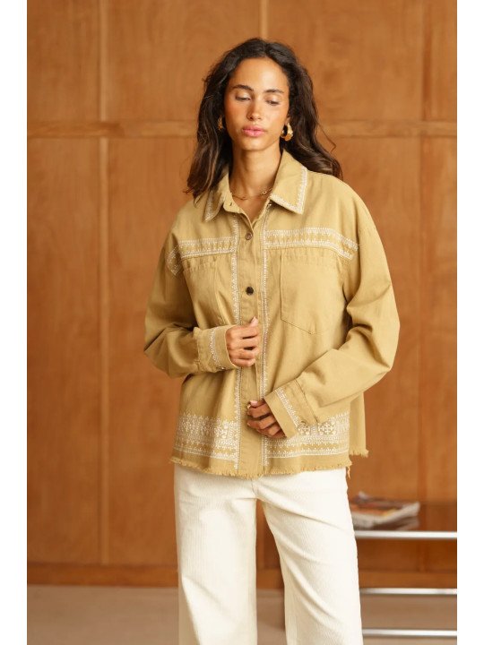 Locker sitzendes Damen-Canvas-Overshirt mit aufgesetzten Taschen